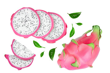Dragon fruit, Pitaya or Pitahaya with leaf isolated on white background. Top view. Flat lay