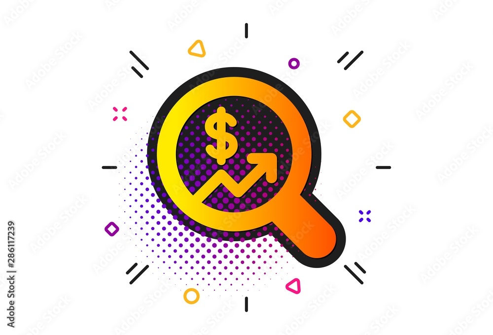 Poster analytics with charts symbol. halftone circles pattern. business audit or statistics icon. search ma