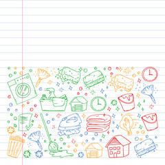 Fototapeta premium Cleaning services company vector pattern, drawing in exercise book.