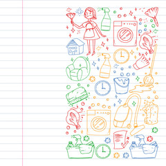 Cleaning services company vector pattern, drawing in exercise book.