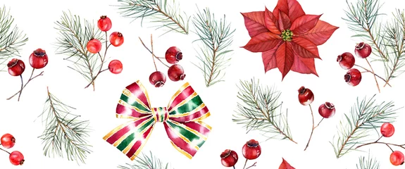 Foto op Plexiglas Christmas watercolor seamless pattern. Hand painted illustration with pine tree, red berries, bows and poinsettia. Winter holiday background isolated on white for greeting card and wrapping paper © Katerina Kolberg