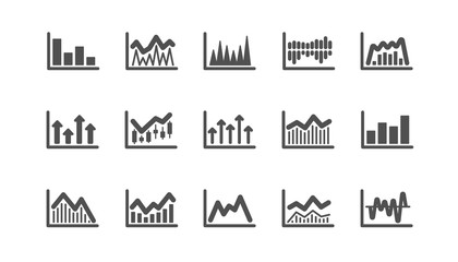 Charts and graphs icons. Candlestick graph, Infochart and Report diagram. Presentation classic icon set. Quality set. Vector