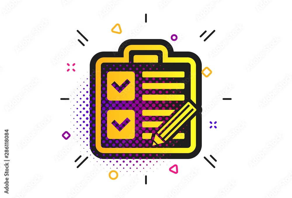 Poster checklist with pencil sign icon. halftone dots pattern. control list symbol. survey poll or question