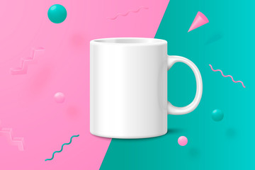 Vector 3d realistic white cup abstract scene with pink, green and white balls and objects.