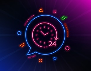 24 hours time line icon. Neon laser lights. Clock sign. Watch symbol. Glow laser speech bubble. Neon lights chat bubble. Banner badge with 24 hours icon. Vector