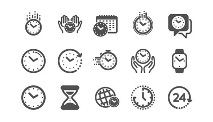 Time and clock icons. Timer, Alarm and Smartwatch. Time management, 24 hour clock, deadline alarm icons. Sand hourglass, smartwatch, timer stopwatch. Classic set. Quality set. Vector