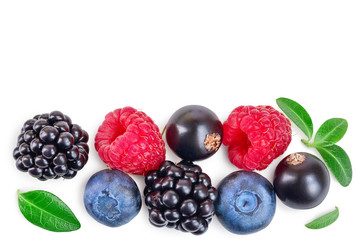 blackberry blueberry raspberry black currant isolated on white background with copy space for your text. Top view. Flat lay pattern