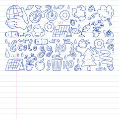 Vector logo, design and badge in trendy drawing style - zero waste concept, recycle and reuse, reduce - ecological lifestyle and sustainable developments icons on monochrome style.