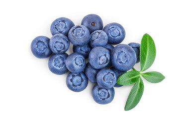 fresh ripe blueberry with leaves isolated on white background. Top view. Flat lay pattern