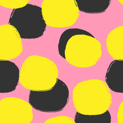 Seamless pattern with colored round spots drawn by rough brush. Grunge, sketch, watercolor, paint. Simple vector illustration.