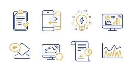 Approved checklist, Inspiration and New mail line icons set. Phone communication, Analytics graph and Report signs. Recovery cloud, Investment symbols. Accepted message, Creativity. Vector