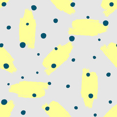 Watercolor seamless pattern with brush strokes and round spots painted with a rough brush. Simple vector illustration. Gray, yellow, blue.