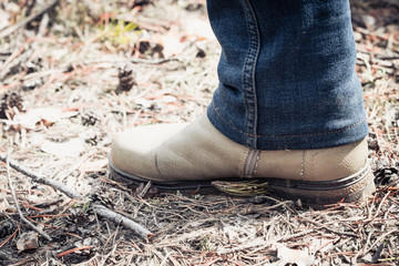 The legs of the girl in jeans and special boots go on forest area in hiking trip.