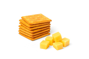 Cracker cookies with cheese isolated on white background.
