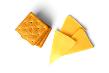 Cracker cookies with cheese isolated on white background.