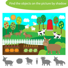 Find the objects by shadow, game for children farm animals and garden cartoon, education game for kids, preschool worksheet activity, task for the development of logical thinking, vector illustration