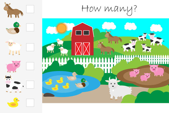 How many counting game, farm with animals for kids, educational maths task for the development of logical thinking, preschool worksheet activity, count and write the result, vector illustration