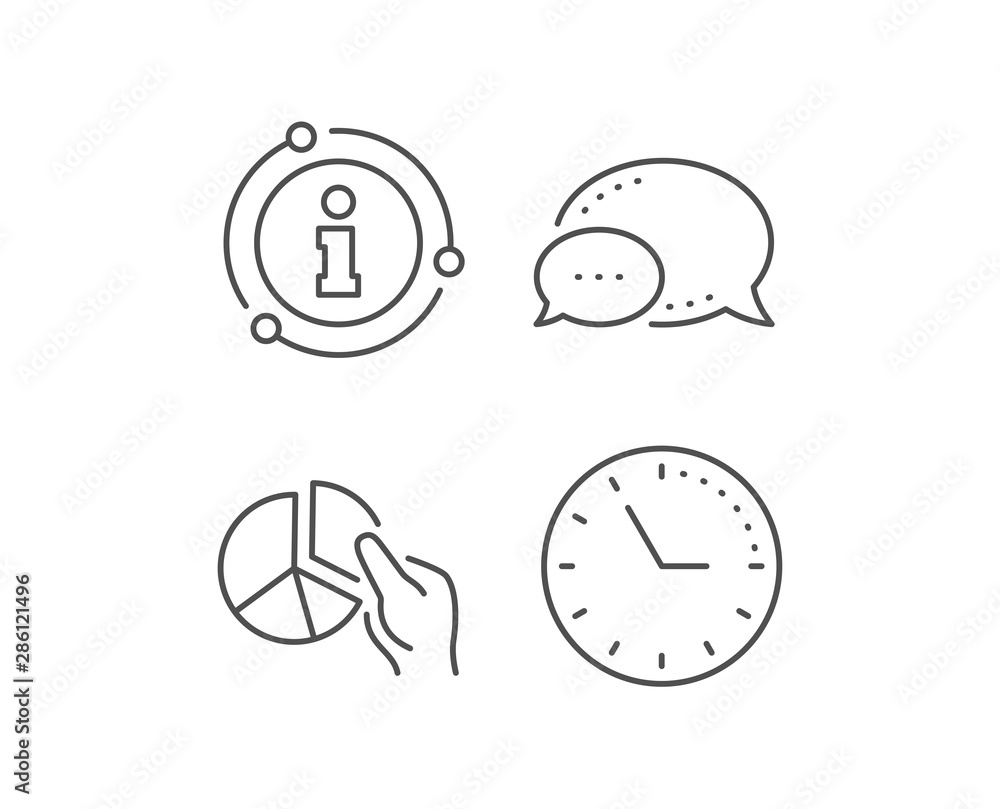 Poster pie chart line icon. chat bubble, info sign elements. presentation graph sign. market analytics symb