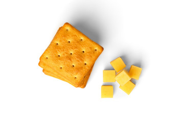 Cracker cookies with cheese isolated on white background.