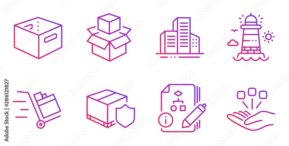 Poster office box, algorithm and lighthouse line icons set. delivery insurance, buildings and push cart sig