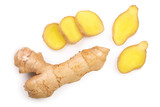 fresh Ginger root and slice isolated on white background. Top view. Flat lay