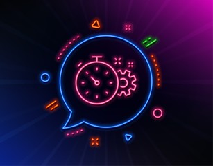 Cogwheel with timer line icon. Neon laser lights. Engineering tool sign. Cog gear symbol. Glow laser speech bubble. Neon lights chat bubble. Banner badge with cogwheel timer icon. Vector
