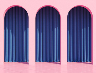 Pink arc column with colorful curtains and tropical home plant for retro poster like stranger things. 80s 70s 60s California Miami. 3d rendering