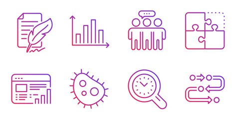 Employees group, Feather signature and Web report line icons set. Time management, Puzzle and Bacteria signs. Diagram graph, Methodology symbols. Collaboration, Feedback. Science set. Vector