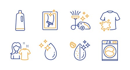 Vacuum cleaner, Window cleaning and Dirty water line icons set. Shampoo, Dirty t-shirt and Water drop signs. Clean shirt, Washing machine symbols. Vacuum-clean, Housekeeping service. Vector