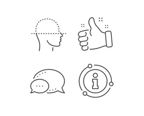 Face scanning line icon. Chat bubble, info sign elements. Facial scan sign. Head recognition symbol. Linear face scanning outline icon. Information bubble. Vector