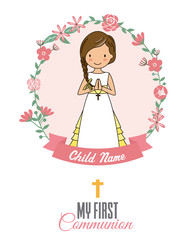 Invitation my first communion. Girl inside a flower frame