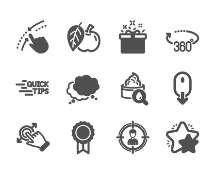 Set of Business icons, such as Education, Moisturizing cream, Headhunting, Star, Scroll down, Reward, Special offer, Apple, Touchscreen gesture, Speech bubble, Swipe up, 360 degrees. Vector