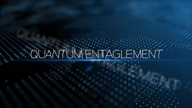 Quantum entanglement text 3D animation with lens flare and depth of field focus blur	