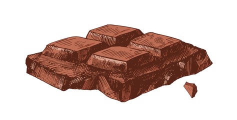 Elegant detailed realistic drawing of part of broken chocolate bar. Sweet tasty dessert or delicious confection isolated on white background. Colored hand drawn vector illustration in vintage style.