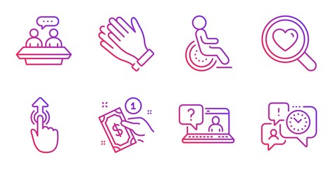 Clapping hands, Employees talk and Swipe up line icons set. Faq, Search love and Disability signs. Payment method, Time management symbols. Clap, Collaboration. People set. Vector