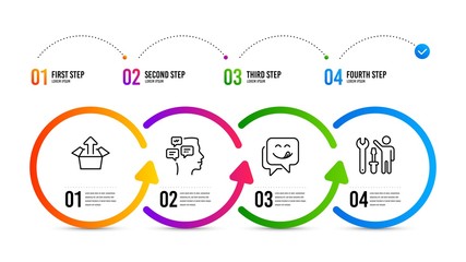 Repairman sign. Infographics timeline. Send box, Yummy smile and Messages line icons set. Delivery package, Emoticon, Notifications. Repair screwdriver. Business set. Send box icon. Vector