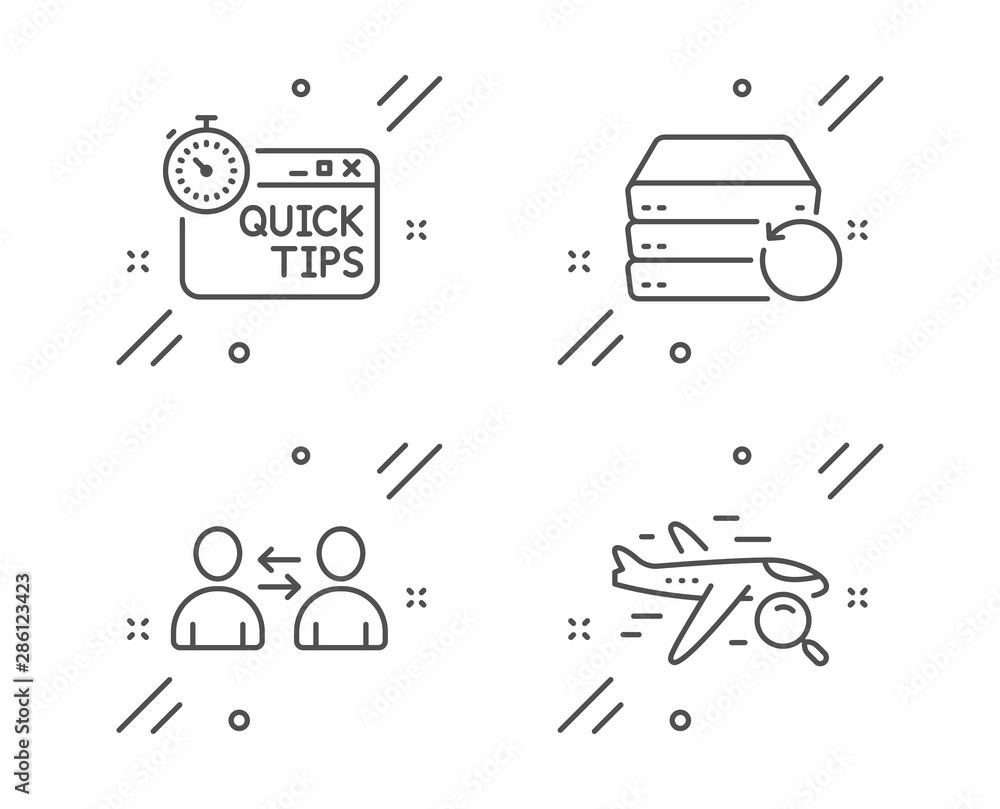 Poster communication, quick tips and recovery server line icons set. search flight sign. users talking, hel