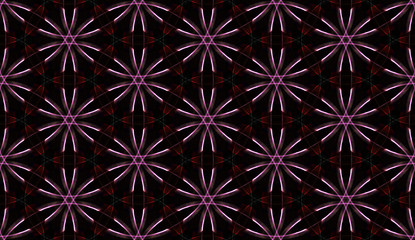 Hi-tech flowers. Futuristic seamless pattern on black background. Abstract design of repeating glowing elements.