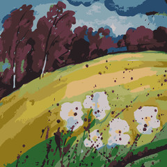 Vector illustration of a beautiful landscape of fields with flowers, an approaching thunderstorm. Summer landscape.