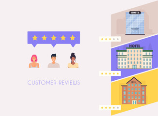 Obraz na płótnie Canvas Customer get reviews about hotels. Concept of feedback, testimonials messages and notifications. Rating on customer service illustration. Five stars rating flat style vector concept.