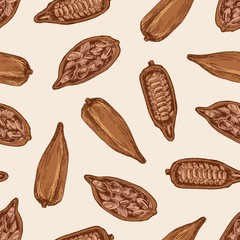 Natural seamless pattern with ripe pods or fruits of cocoa tree with beans or seeds on light background. Colored hand drawn vector illustration in vintage style for wrapping paper, textile print.
