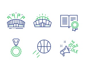 Medal, Diploma and Sports arena line icons set. Basketball, Arena stadium and Ole chant signs. Winner, Document with badge, Event stadium. Sport ball. Sports set. Line medal outline icons. Vector