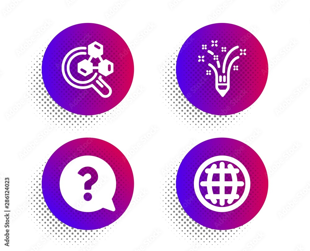 Poster inspiration, chemistry lab and question mark icons simple set. halftone dots button. globe sign. cre