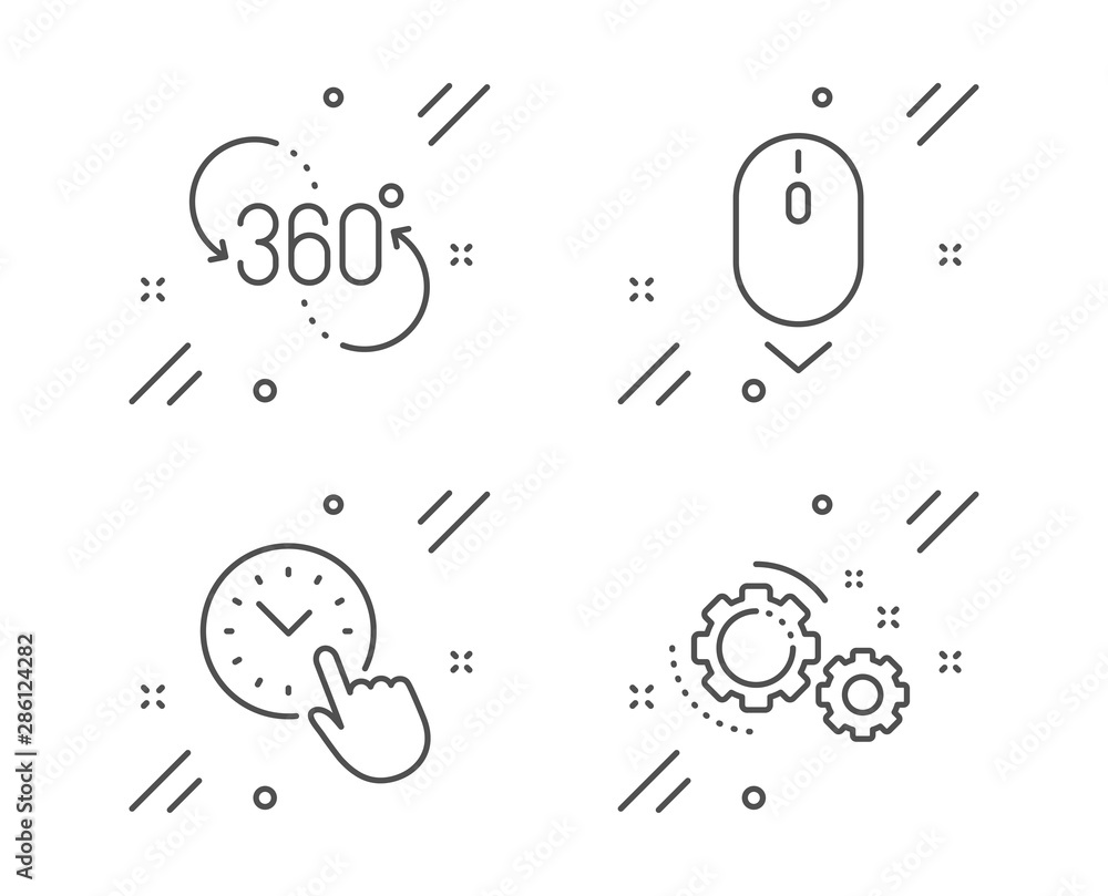 Poster scroll down, 360 degree and time management line icons set. gears sign. mouse swipe, virtual reality