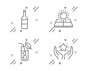 Wine, Sun energy and Water glass line icons set. Ranking sign. Merlot bottle, Solar panels, Soda drink. Hold star. Business set. Line wine outline icon. Vector