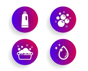 Clean bubbles, Shampoo and Hand washing icons simple set. Halftone dots button. Water drop sign. Laundry shampoo, Bath cleanser, Laundry basin. Crystal aqua. Cleaning set. Vector