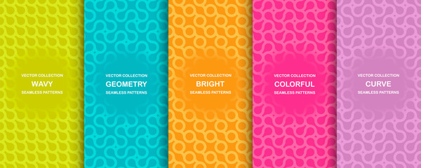 Set of bright vector colorful seamless geometric wavy patterns - creative design. Vibrant curly backgrounds, endless curve textures