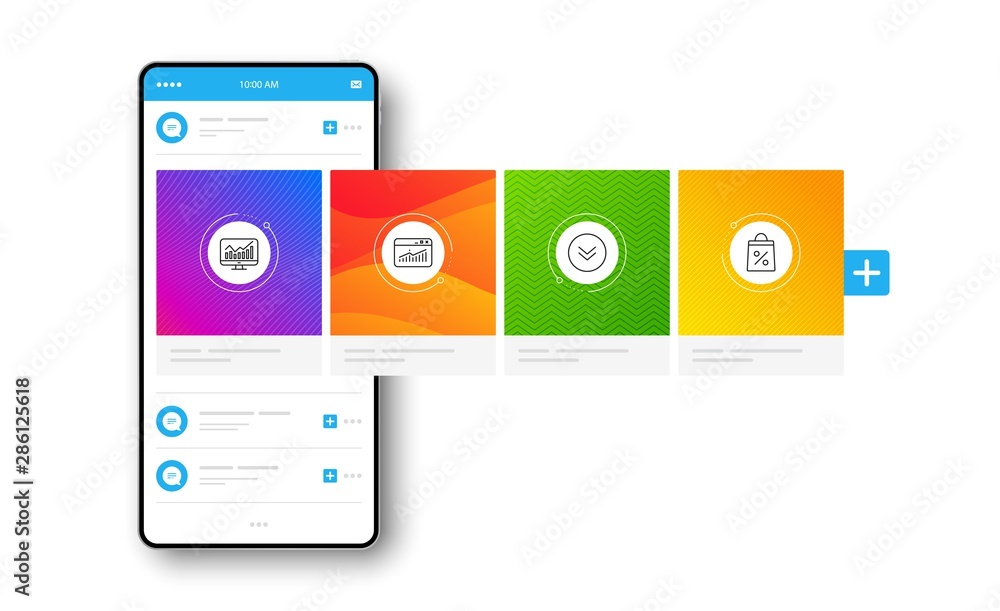Poster website statistics, statistics and scroll down line icons set. interface carousel. shopping bag sign