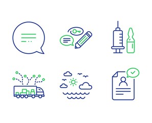 Medical vaccination, Travel sea and Text message line icons set. Keywords, Truck delivery and Resume document signs. Syringe vaccine, Summer holidays, Chat bubble. Pencil with key. Vector
