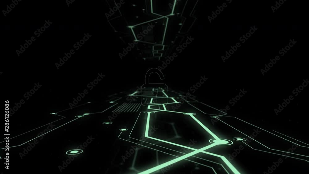 Poster conceptual zoom in video through the tunnel with broken padlock.